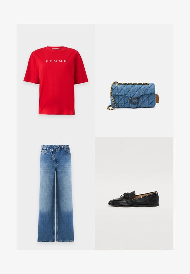 Raudona medvilninė marškinėliai trumpomis rankovėmis, ant krūtinės baltomis raidėmis užrašytas žodis "FEMME". Paprastas, laisvas siluetas.; Šviesiai mėlynos plačios kojų džinsai su išblukusia danga, turintys klasikinį penkių kišenių dizainą ir metalinius mygtukus juosmens srityje.; Juodi odiniai loafai su surišta mazgeliu, su auksinėmis akytėmis šoninėse dalyse ir plokščiu guminiu padu. Lygus paviršius, klasikinis dizainas.; Mėlyna siuvinėta džinsinė petinė rankinė su auksine grandinėle ir ryškiu auksiniu logotipo akcentu priekyje. Kompaktiška stačiakampio forma.