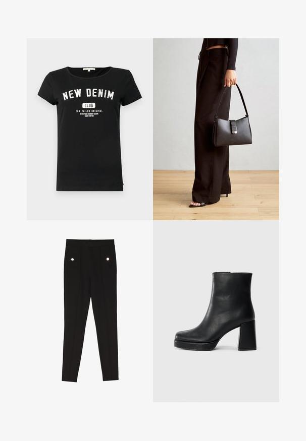 Juodas medvilnės marškinėliai su trumpomis rankovėmis ir apvaliu kaklu. Priekyje yra balti užrašai: "NEW DENIM CLUB" su prekės ženklu apačioje.; Juodos pritaikytos kelnės su lygia tekstūra, turi dvi priekinės kišenes su dekoratyviniais aksesuarais ir siaurą siluetą.; Juodas odinis kulkšninis botas su bloku ir platformos padu, matomas šoniniu vaizdu ant balto fono.; Juodas rankinė struktūrizuota forma, lygi tekstūra ir metalinis užsegimas. Suporuota su plačiomis juodomis kelnėmis ir atvirais bateliais ant medinių grindų.