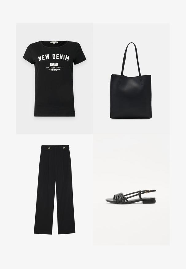 Černé bavlněné tričko s krátkými rukávy a kulatým výstřihem. Na přední straně je bílé textové logo: "NEW DENIM CLUB" s názvem značky níže.; Černé široké kalhoty s vysokým pasem, detailní knoflíky na pase a přední záhyby.; Černé ploché sandály se spíleným designem, které mají několik kožených pásků a štíhlý páskový přezkový uzávěr na kotníku. Podešev je plochá a obdélníková.; Černá kožená taška přes rameno s hladkým povrchem, obdélníkovým tvarem a dvěma dlouhými uchy. Žádné viditelné kování ani ozdoby.