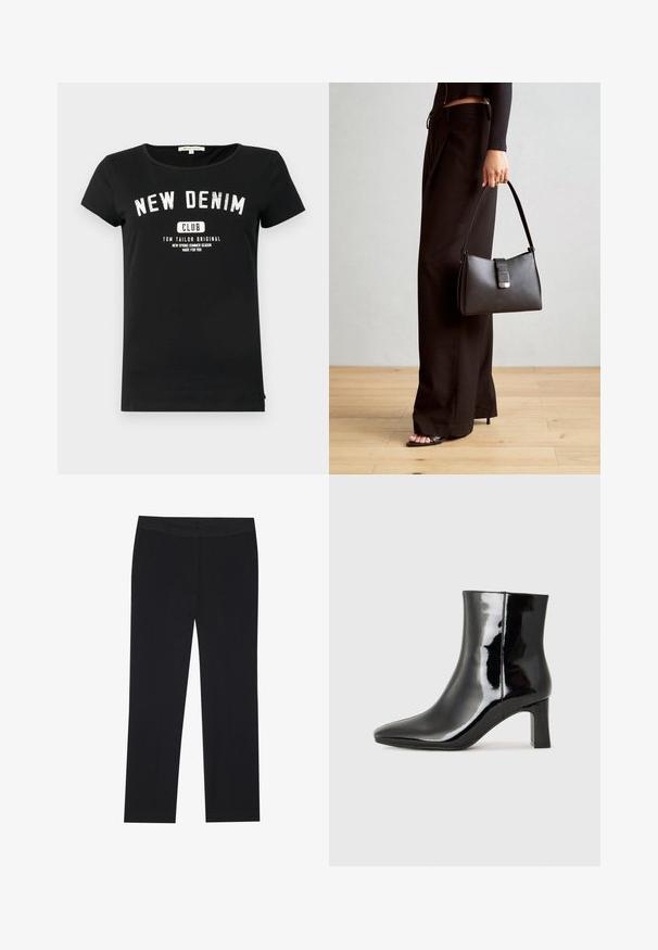 Svart bomullst-skjorte med korte ermer og rund hals. Forsiden har hvit tekst: "NEW DENIM CLUB" med merkevarenavnet nedenfor.; Sorte bukser med rette ben, med sidelommer og en glat stoffeksur. Minimal detaljer, ren linning.; Sorte patentlær ankle boot med spiss tå og en mellomhøy blokkhelt. Glatt tekstur og minimalistisk design.; Svart håndveske med strukturert form, jevn tekstur og metallisk lås. Kombinert med brede svarte bukser og sandaler med åpen tå på tregulv.