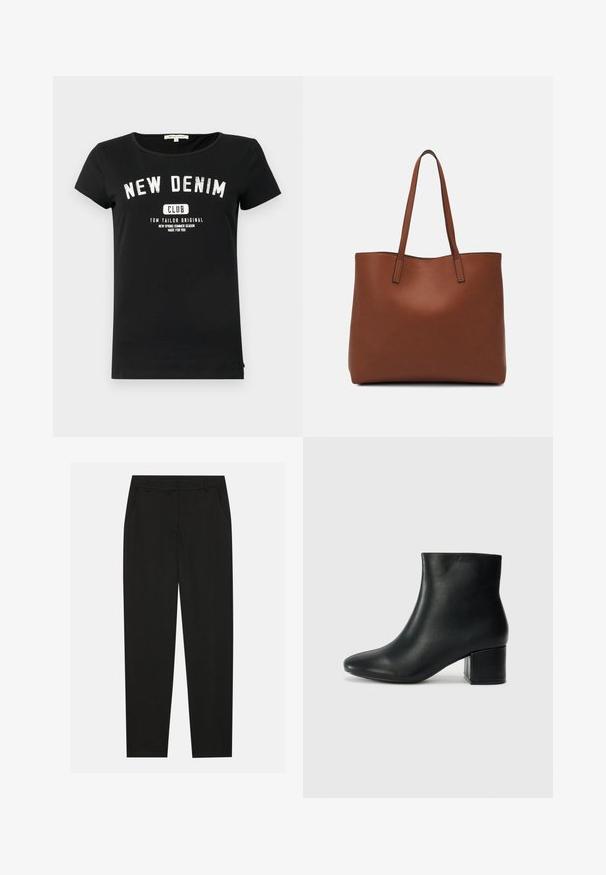Camiseta de algodón negra con mangas cortas y escote redondeado. En la parte frontal lleva texto blanco: "NEW DENIM CLUB" con el nombre de la marca debajo.; Pantalones negros con un diseño ajustado, que cuentan con bolsillos laterales y pierna recta. Fabricados con una tela suave y liviana con un acabado elegante.; Botas de cuero negras hasta el tobillo con una punta afilada y un tacón grueso. Textura lisa con acentos mínimos y un diseño elegante y ajustado.; Bolso tote de cuero marrón con una textura suave, diseño de apertura superior y dos correas para el hombro. Presenta una costura mínima y sin herrajes visibles.