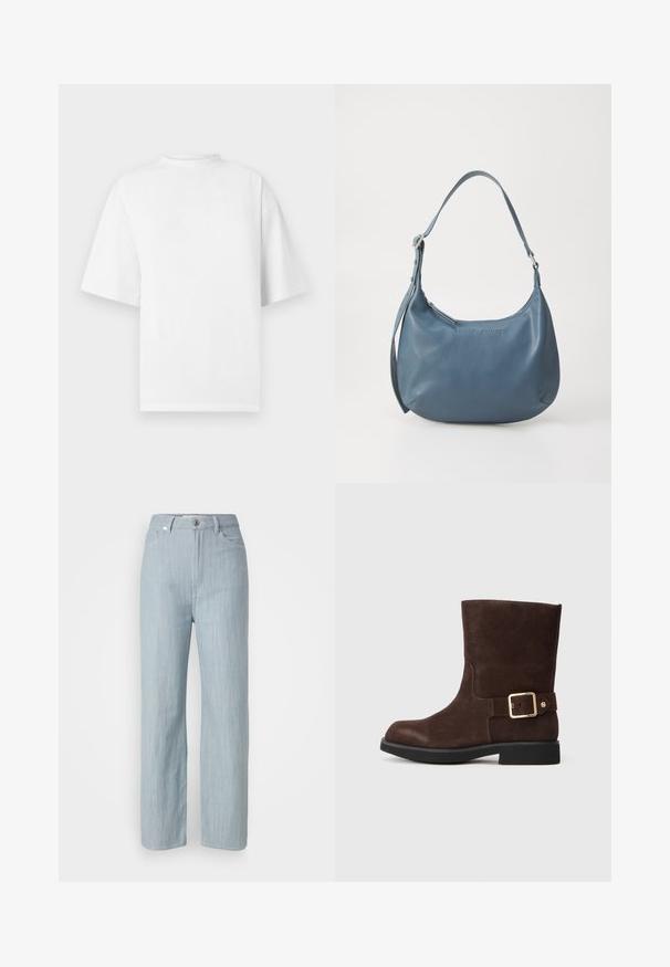 Balta, īsām piedurknēm T-krekls ar augstu apkakli un brīvu piegriezumu, izgatavots no mīkstām kokvilnas auduma. Vienkāršs dizains bez redzamām rakstu vai akcentiem.; Gaiši zilas taisnas kājas džinsi, izgatavoti no džinsa auduma. Iezīmē piecas kabatas, metāla pogu aizdari un smalku nodilumu tekstūrai.; Ciembruns zamšs potīte ar noapaļotu purngalu, plakanu melnu zolīte un zelta sprādze akcenta sānos. Gluda tekstūra un vienkāršs dizains.; Zila ādas rokassoma ar noapaļotu formu, vienu plecu siksnu, ar rāvējslēdzēju aizdari un iegravētu zīmola nosaukumu priekšpusē. Gluda tekstūra.