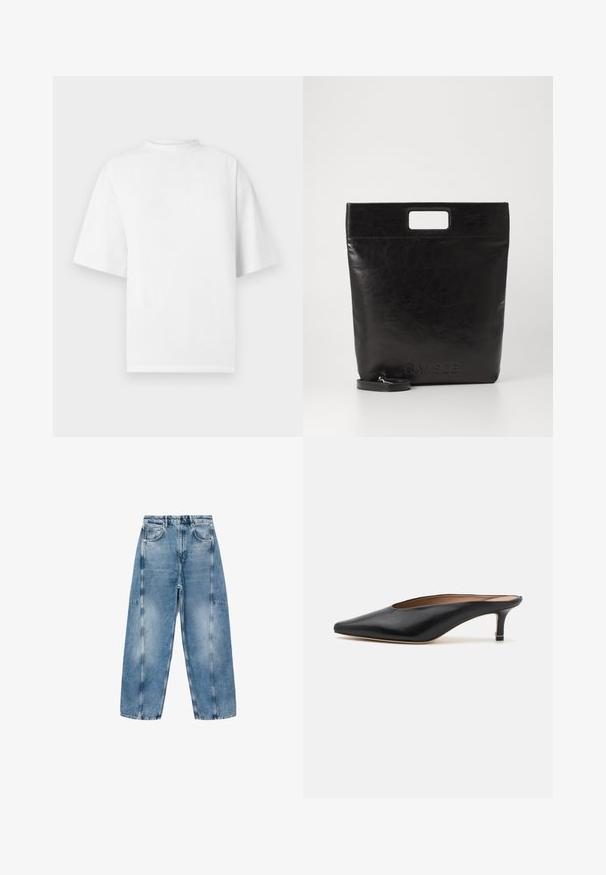 Hvit, kortermet T-skjorte med høy hals og løs passform, laget av myk bomullsstoff. Enkelt design uten synlige mønstre eller detaljer.; Lyseblå denimjeans har en avslappet passform, store lommer og kontrasterende sømmer. Stoffet har en falmet finish med en jevn tekstur.; Sorte lærmules med spiss tå og lav, blokkert hæl. Glatt tekstur med et elegant design. Åpen bak med minimal detaljering.; Svart lær tote veske med firkantet håndtak, med teksturert overflate og preget logo. Inkluderer en avtagbar stropp.