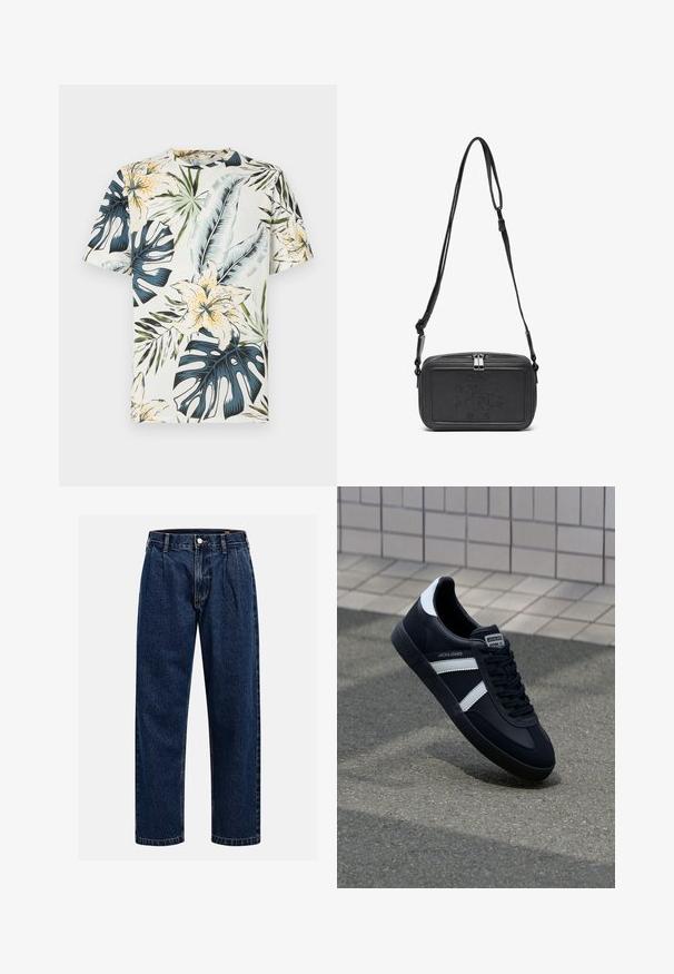 T-shirt met korte mouwen van lichte stof, voorzien van een tropische bloemen- en bladerenprint in groen, blauw en geel op een crèmekleurige achtergrond.; Donkerblauwe denim jeans met een rechtlopende pasvorm. Beschikt over zichtbare stiksels, een knoopsluiting en voorste plooien voor extra detail.; Zwarte leren sneaker met witte strepen, een gestructureerde rubberen zool en vetersluiting aan de voorkant. Voorzien van een merklabel op de tong.; Zwarte leren schoudertas met een ritssluiting, reliëflogo aan de voorkant en een verstelbare schouderriem. Gladde textuur met een rechthoekige vorm.