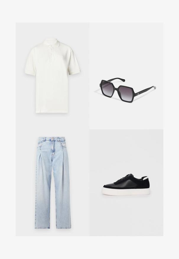 Hvid polo-shirt lavet af bomuld, med krave, korte ærmer og tre knapper foran. Diskret brandlogo broderet på brystet.; Lyseblå denim jeans med høj talje, bred benåbning, to sidelommer og plisseret design. Blød tekstur med et falmet finish.; Sort sneakers med glat læder og ruskindspaneler, flade snørebånd, rund tå og en hvid gummisål. Distinkt logo på hælen.; Sorte sekskantede solbriller med gradientlinser, med en glat overflade og diskret branding på stængerne. Holdbar plastkonstruktion.