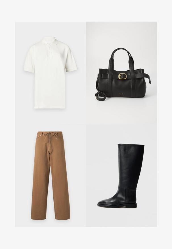 Valge puuvillast polo-särk, mis on varustatud krae, lühikeste varrukate ja kolme ees oleva nupuga. Rindkere piirkonnas on peenelt tikitud kaubamärgi logo.; Pruunid laiad püksid, mis on valmistatud puuvillast, elastse vöökoha ja kahe esimese taskuga. Pind struktuurne, kuid sile.; Mustadast mustad nahast põlve kõrgus kingad, ümarate varvastega, siledast tekstuurist, minimalistlikus disainis ja lame tallaga. Lihtsad õmbluse detailid varrel.; Must mustraga nahkakott, millel on struktureeritud disain, kaks ülemist kanda, kuldse tooni pandla aktsent ja esiküljel embosseeritud brändi logo.