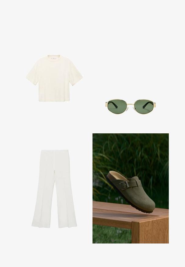 Majica s kratkim rukavima, skraćena, u boji starog bijelog. Izrađena od mekog materijala s okruglim izrezom i ležernim krojem. Nema vidljivih uzoraka ili metalnih detalja.; Bijele široke hlače s glatkom teksturom i čistim linijama, s pojasom srednje visine i bez vidljivih metalnih dijelova ili uzoraka.; Zeleni antilop klompe slip-on s okruglim vrhom, podesivom metalnom kopčom i oblikovanim korkovim uloškom. Teksturirana potplata na drvenoj površini.; Smešak sunčanih naočala s okvirom zlatne boje i zelenim nijansama, ovalnog oblika, crnim drškama i prozirnim jastučićima za nos. Čist, minimalistički dizajn.; Crna kožna torba s zlatnim hardverom, koja ima prepoznatljivu kopču, odvojivi remen za ramen, te teksturiranu površinu.