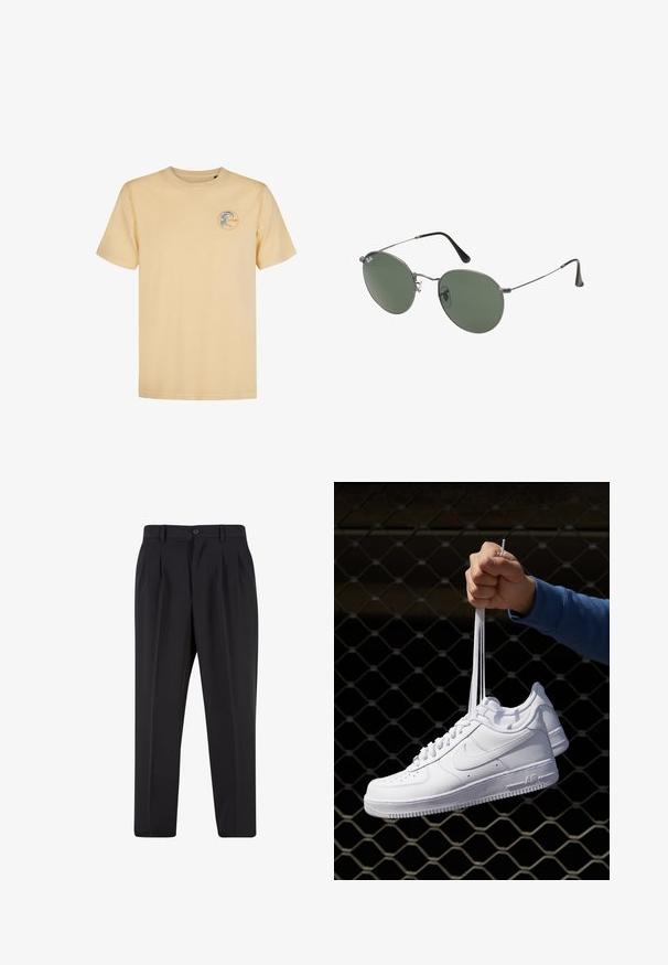 Svetlo rumena bombažna majica s krožnim izrezom. Opremljena s krožno oblikovanim logotipom v modri in oranžni barvi na levem prsnem delu. Kratke rokave.; Črne hlače z nabranim sprednjim delom, narejene iz gladkega materiala. Imajo gumbasto zapiranje in zanke za pas; ravne hlačnice.; Bela usnjena športna obutev s perforacijami, okroglo konico, ravnim podplatom in debelimi vezalkami, z vidnim logotipom smoosh in napisom "AIR" na peti.; Sončna očala z ovalnimi zelenimi lečami v kovinskem okvirju. Tanjši srebrni kovinski okvir in črne ušesne konice. Minimalistična zasnova, brez vidnih logotipov.