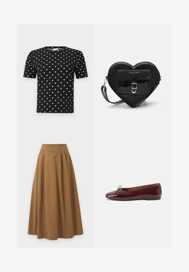 Black short-sleeve t-shirt with a ribbed texture and white polka dots, featuring a crew neckline and a fitted shape.; Brown cotton A-line skirt with a high waist, featuring pleats down the front and a smooth texture. Hem finishes are clean and simple.; Burgundy patent leather ballet flat with a rounded toe, small bow accent at the front, and a low, black rubber sole. Smooth texture.; Black heart-shaped bag made of patent leather with a front pocket featuring a buckle closure and a detachable strap. Silver hardware accents.