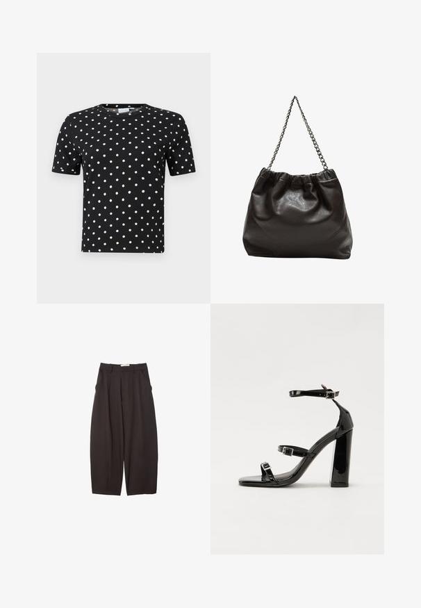 Črna kratkosleeve majica z rebrastim vzorcem in belimi pikami, z okrogłym izrezom in prilegajočo obliko.; Črne široke hlače iz gladkega materiala, z visokim pasom, zgornjimi pregibi in stranskimi žepi. Preprost dizajn brez okrasnih elementov.; Črne lakirane sandale s peto, kvadratnim prstom, trakovi okrog gležnja in srebrnimi zaponkami. Opremljene so s stabilno Debelo peto.; Rjava usnjena torba z nabranim vrhom in verižnim trakom. Gladka tekstura z sijajno površino in subtilnimi šivi na straneh.