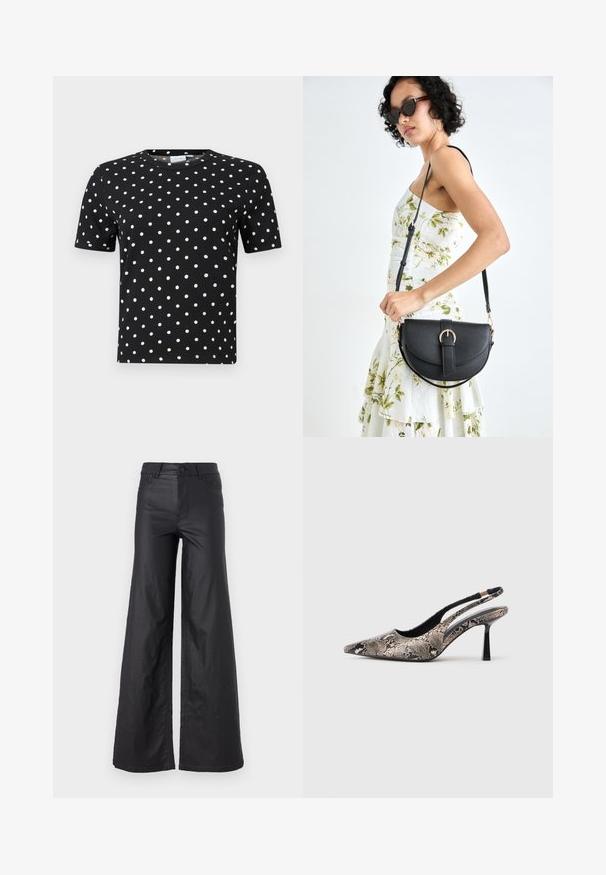 Black short-sleeve t-shirt with a ribbed texture and white polka dots, featuring a crew neckline and a fitted shape.; Black, wide-leg pants in a faux leather material. Features a high waist, belt loops, two front pockets, and stitched detailing.; Pointed-toe slingback shoes made of textured snake print material, featuring a slender black heel and a cutout design on the sides.; Black leather handbag with a curved shape, detachable strap, and gold hardware. The bag features a flap with a buckle detail.