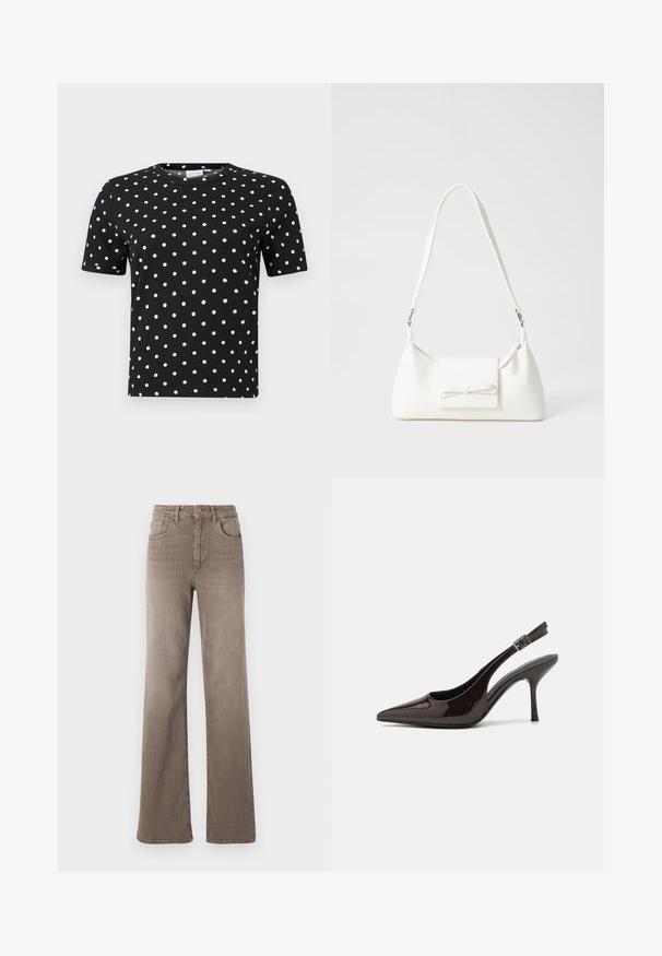 Mustard lühikeste varrukatega T-särk, millel on ribakujuline tekstuur ja valged täpid, omades ümmargust kaelust ja sobivat lõiget.; Pruunid kõrge vöökohtadega sirged teksad, millel on ees nupp, vöölõngad ja klassikaline viie tasku disain valgel taustal.; Kare kõrge kontsaga king, läikiv tumepruun lakknahast, terava nina, avatud külgedega ja reguleeritava pahkluuringiga.; Valge sünteetilisest materjalist kott kolmnurkse kujuga, lame esiklapiga ja kaaredetailiga, reguleeritava rihmaga, sileda tekstuuriga ja minimalistliku disainiga.