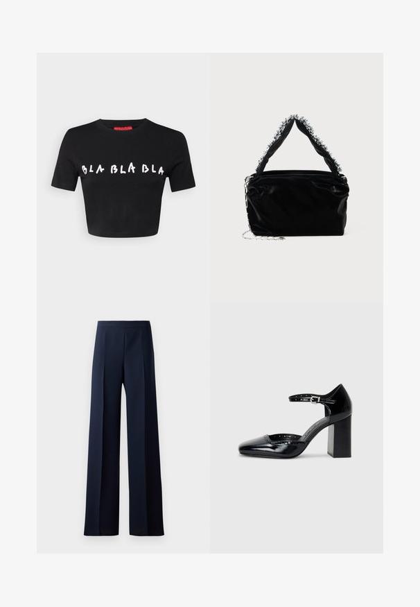 Sort cropped t-shirt lavet af bomuld med korte ærmer. Har hvid tekst "BLA BLA BLA" i en legesyg skrifttype på forsiden.; Vide benbukser i mørkeblå stof med en glat tekstur, subtile frontfolder og en tætsiddende talje for en strømlinet silhuet.; Sorte patenterede læder højhælede sko med firkantet tå, ankelrem og en kraftig hæl. Inkluderer perforerede detaljer langs kanten.; Sort faux læder håndtaske med en tekstureret overflade, der har en perlesmykke i sølv langs det øverste håndtag og en kædestrop.