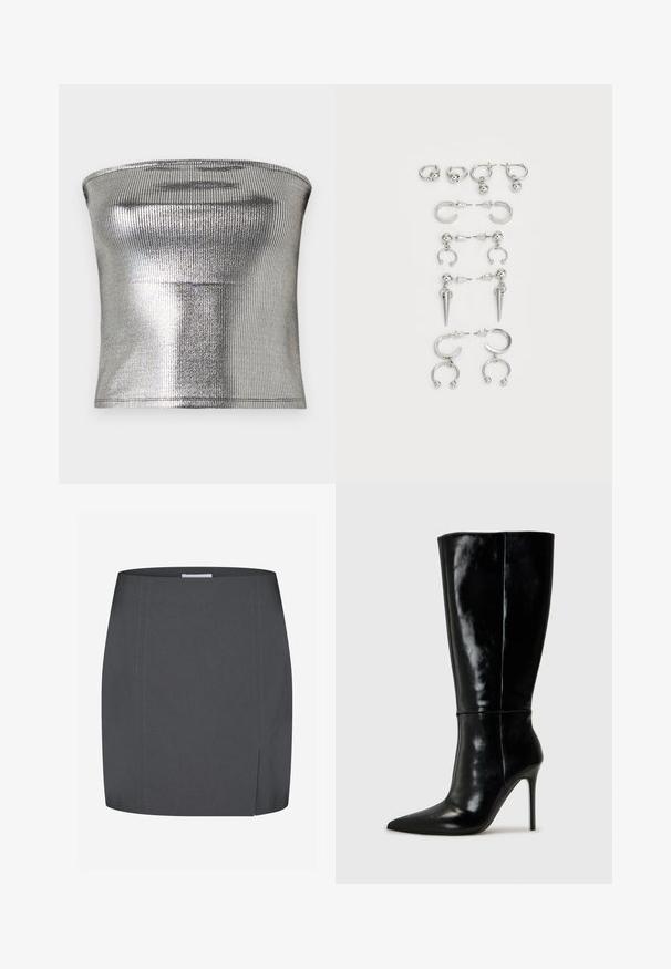 Ezüst pánt nélküli felső bordázott fémből készült anyagból. Simább textúrával és testhezálló kialakítással rendelkezik, egyenes szegéllyel.; Envii SPLIT - Ceruzaszoknya - grey; Fekete bőrből készült, térd fölé érő csizmák hegyes orral és magas stiletto sarokkal. Simára csiszolt textúra és elegáns kivitelezés, minimális díszítéssel.; Ezüst fülbevalók készlete, különböző dizájnokkal: karikák, bedugós fülbevalók és lógó stílusok, golyós díszítésekkel és hegyes elemekkel.