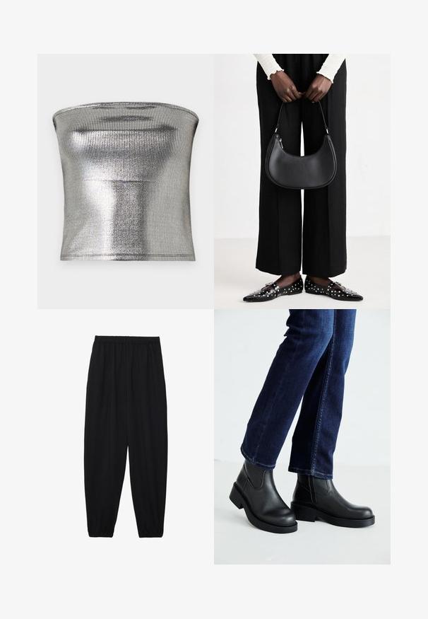 Sidabrinė be rankovių palaidinė, pagaminta iš banguoto metalinio audinio. Ypatybės - lygus paviršius ir prigludęs dizainas su tiesiu apačiu.; Juodi, lengvi kelnių su elastinga juosmens juosta ir surinktais kulkšniais. Audinys yra lygus ir turi atsipalaidavusį, siaurėjantį dizainą.; Juoda odinė kulkšninių botų su storu padu ir šoninėmis elastinėmis detalėmis, derinama su tamsiai mėlynomis džinsais. Žemė šviesios spalvos.; Juoda odinė petneša su apvalia forma, blizgiu paviršiumi ir sidabro spalvos detalėmis. Asmuo dėvi juodas plačias kelnes ir uždubentus batelius su kuokšteliais.