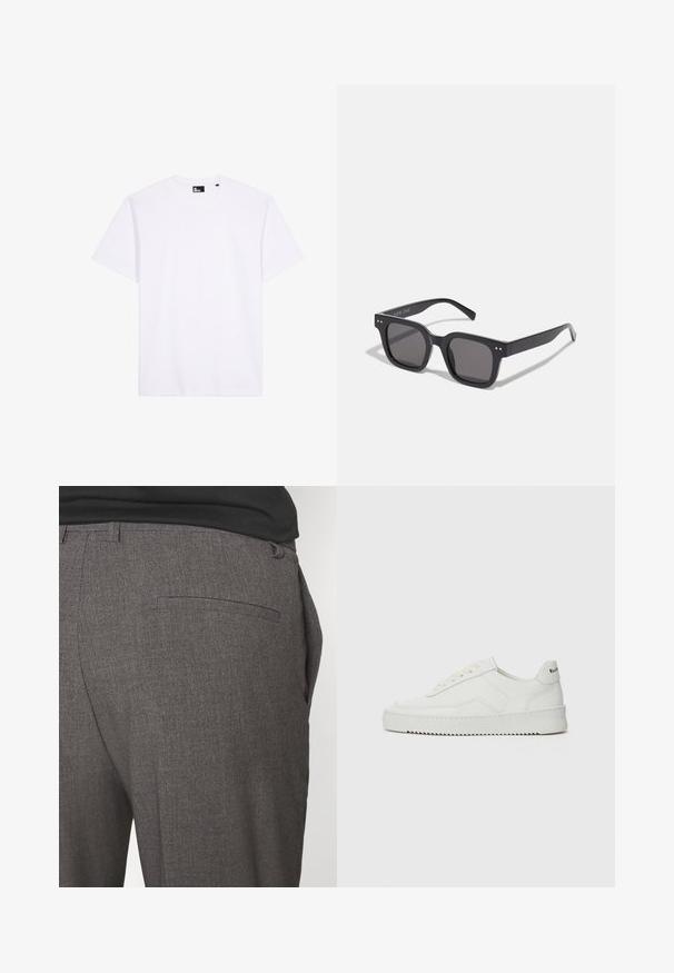 Hvid kortærmet T-shirt med rund hals lavet af glat stof med et sort mærke inde i halsudskæringen.; Grå skræddersyede bukser med en glat tekstur, udstyret med en enkelt baglomme og et slim fit design. Stoffet har et subtilt mønster.; Hvide lædersneakers med en glat overflade, rund tå, flade snørebånd og en tekstureret sål. Har et diskret logo på hælen.; Sorte rektangulære solbriller med mørke linser, der har en tyk ramme, subtile detaljer på siderne og uden synlige logoer udover mærkenavnet.; Canvas tote bag i lys beige med dobbelthåndtag, med "SAMSOE" logo i hvidt trykt på fronten. Rektangulær form med enkelt design.