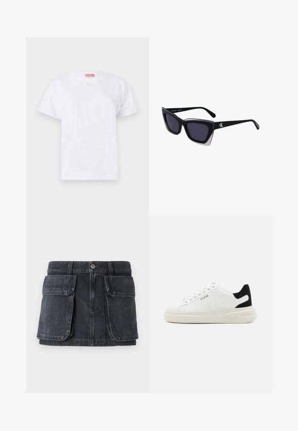 Balta medvilnė marškinėliai trumpomis rankovėmis, su apvaliu kaklu ir mažu logotipu ant krūtinės. Paprastas dizainas, lygi tekstūra ir tiesi apačia.; Juodas denimo sijonas su prigludusia juosme, mygtukų uždarymu, dviem didelėm priekinių kišenėm ir kontrastinga siuvinėjimo detalė.; Baltos odinės sportbačiai su storu baltu padu, juodu nubuko kulno akcentu ir iškilmingu logotipu šone. Su raišteliais, turinčiais šešis akinius.; Juodos didelės saulės akinių su geometrine forma, turinčiais tamsius objektyvus ir kontrastingą pilką detalę ant rėmelio. Logotipas ant šalon.