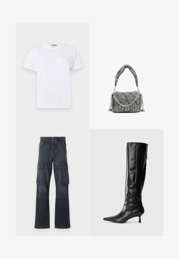 Bijela pamučna majica s kratkim rukavima, okruglim izrezom i malim logotipom na prsima. Jednostavan dizajn, glatka tekstura i ravni rub.; Tamno sivi cargo hlače od denima, s dva bočna džepa i širokim krojem. Šivani detalji duž šavova i rubova.; Crna kožna čizma do koljena s oštrim vrhom i uskim zakrivljenim petama. Glatka tekstura, prilagođeni dizajn i bez vidljivih dodataka ili uzoraka.; Torba od traperice s kvadratnim uzorkom, plave boje, kratkog pletenog ručka i srebrne lančane narukvice s metalnim natpisom branda.