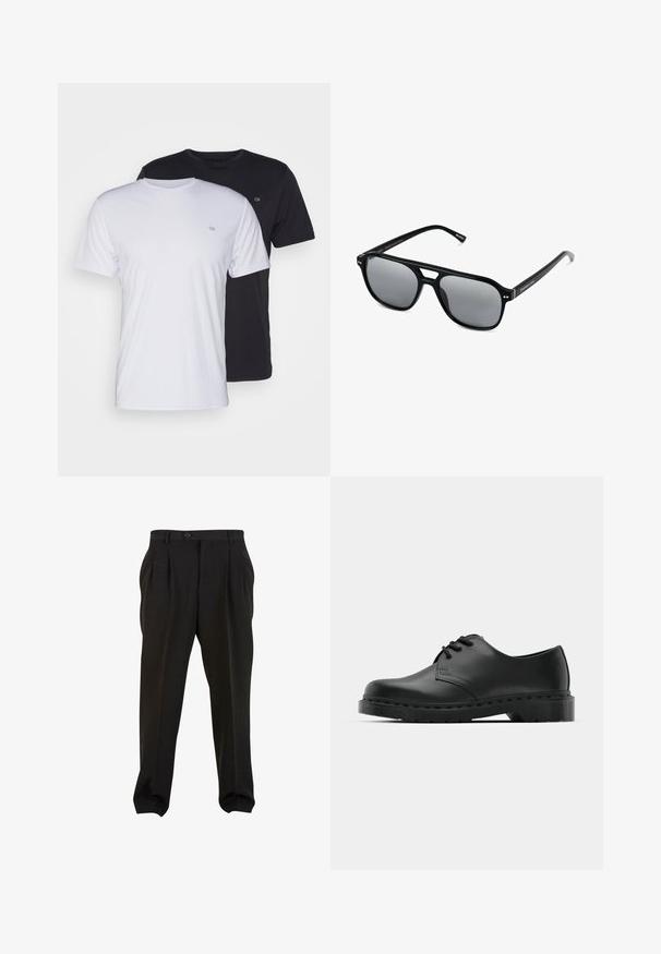 Dwie bawełniane koszulki w kolorze białym i czarnym, z krótkim rękawem i okrągłym dekoltem, z małym logo na piersi, o gładkiej fakturze.; Czarne spodnie z gładkiego materiału, z kieszeniami z przodu, zapinane na guzik w pasie i zwężanymi mankietami przy kostkach. Klasyczny sylwetka w stylu szytym na miarę.; Czarne skórzane półbuty oxford z zapięciem na sznurowadła, zaokrąglonym noskiem, płaską gumową podeszwą oraz subtelnym przeszyciem na cholewce.; Czarne okulary przeciwsłoneczne z prostokątnymi oprawkami, szarymi soczewkami i wycięciem w mostku. Gładki, błyszczący materiał plastikowy, z wąskimi zausznikami.