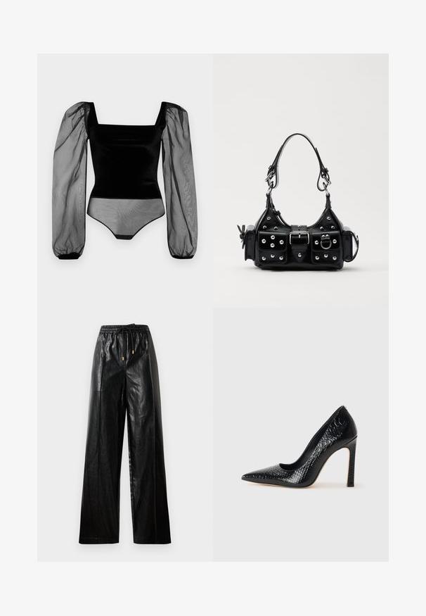 Black bodysuit with a square neckline and sheer puff sleeves. Made from soft fabric, featuring a streamlined design and snap closure at the bottom.; Black leather wide-leg pants with an elastic waistband, drawstring, and gold hardware accents. Smooth texture and loose fit.; Black pointed-toe high heel shoe with a crocodile-skin texture, featuring a sleek design, high stiletto heel, and smooth black interior.; Black leather handbag with a curved design, featuring silver studs, a buckle, and two side pockets. Adjustable strap for carrying options.