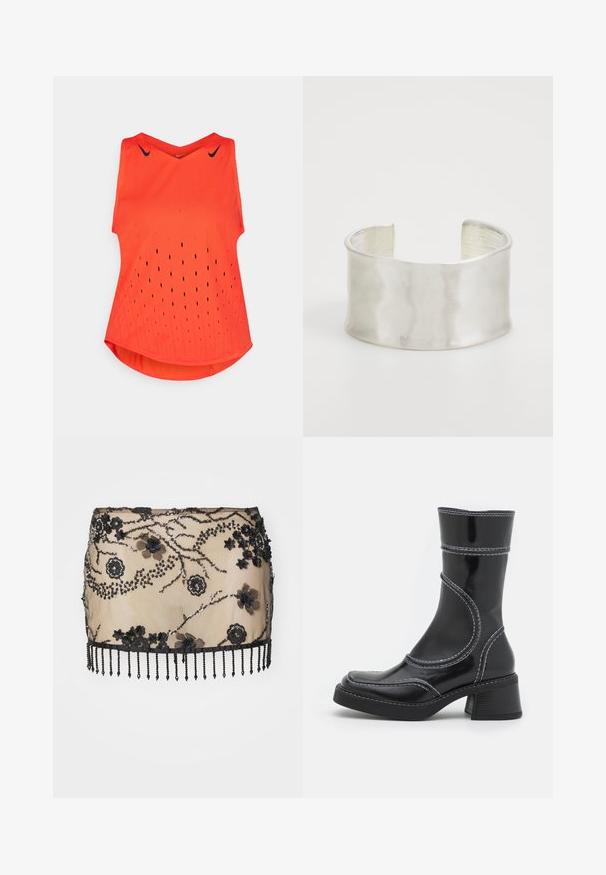 Tricou sportiv fără mâneci de culoare portocalie, cu decolteu în V, având mici orificii de ventilație pe toată suprafața și logo-uri Nike negre pe umeri.; Fustă mini neagră cu aplicații florale, paiete și un tiv cu franjuri din mărgele. Fabricată din material transparent cu detalii complicate.; Cizmă ankle din piele patent neagră cu cusături albe, vârf rotund și toc pătrat. Prezintă linii de design curbe și o textură netedă.; Zign Brăţară - silver-coloured