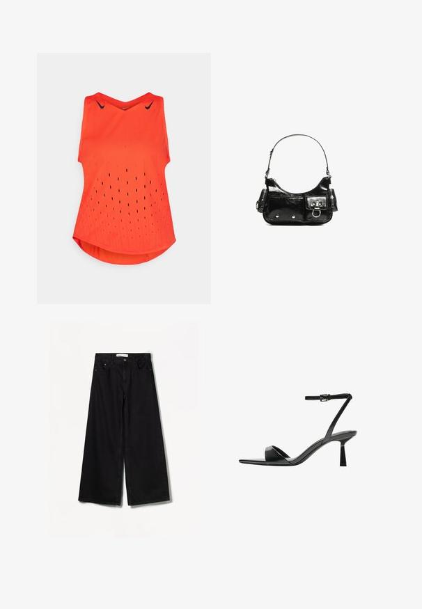 Narandžasta bezrukavna atletska majica s V-izrezom, koja ima male ventilacijske rupice i crne Nike logotipe na ramenima.; Bershka WIDE-LEG - Široke nogavice - black; Bershka Sandale s visokom petom - black; Crna patentna kožna torba s zakrivljenim oblikom, jednim remenom za rame, prednjim džepovima i akcentima od srebrnog tona.