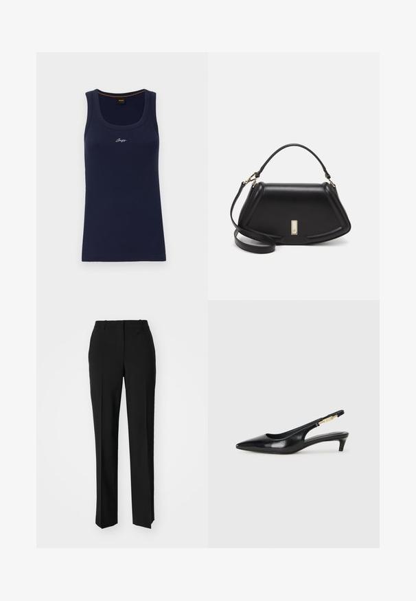 Tummansininen röyhelöliivi, jossa on pyöreä pääntie, kapeat olkaimet ja valkoinen brodeerattu logo rinnassa.; Mustat räätälöidyt housut suoraa lahjetta, joissa on sileä pinta ja terävät taitteet edessä. Ei näkyvää metalliosaa.; Mustat nahkaiset slingback-korkokengät, joissa on terävä kärki, ohuet korot ja kultasävytteinen yksityiskohta säädettävässä hihnassa. Silkkinen pinta.; Mustalla nahkalaukulla, jossa on jämäkkä muotoilu, lyhyt malli, yläkahva ja kultaiset yksityiskohdat. Säädettävä olkahihna sisältyy.