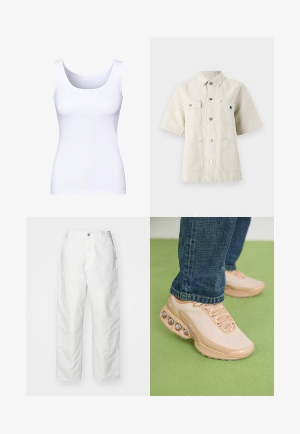 White tank top with a rounded neckline and thick straps. Made from smooth, stretchable fabric, featuring a fitted silhouette.; Short-sleeve shirt in light beige fabric, featuring a pointed collar, front buttons, two chest pockets, and a small logo patch on the left.; White cargo pants made of denim, featuring a relaxed fit, side pockets, and visible stitching details. Plain front with a button closure.; Light beige athletic shoes feature a mesh upper, rubber sole, and rounded accents with metallic details. Worn with blue jeans on a green surface.