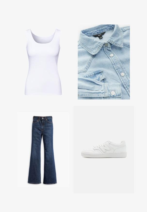 Valkoinen toppi, jossa on pyöreä pääntie ja paksut hihnat. Valmistettu sileästä, joustavasta kankaasta, jossa on tiukka siluetti.; Vaaleansininen farkkutakki, jossa on klassinen kaulus, hopeiset napit ja rintatasku; siinä on hieman haalistunut pinta ja ompeluyksityiskohtia.; Korkeavyötäröiset tummansiniset farkut, joissa on leveät lahkeet, etuvetoketju ja napin sulkeminen sekä viisi taskua.; Valkoiset tennarit, jotka on valmistettu sileästä nahasta. Niissä on perforoitu varpaat, teksturoitu kumipohja, litteät nauhat ja korostettu 'N' -logo sivussa.