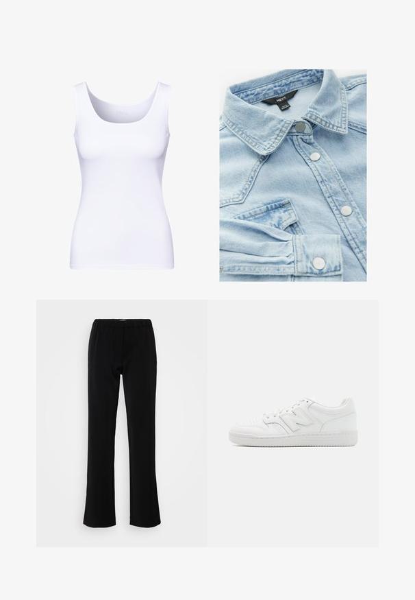 Bílý tílko s kulatým výstřihem a širokými ramínky. Vyrobeno z hladkého, elastického materiálu, s upnutým střihem.; Světle modrá džínová bunda s klasickým límcem, stříbrnými knoflíky a náprsní kapsou; má mírně vybledlou texturu a detaily šití.; Černé kalhoty s vykasaným designem, vyrobené z hladké tkaniny. Mají elastický pas pro pohodlí a čistý, jednoduchý siluetu.; Bílé tenisky vyrobené z hladké kůže, s perforovanou špičkou, texturovanou gumovou podrážkou, plochými tkaničkami a výrazným logo 'N' na boku.