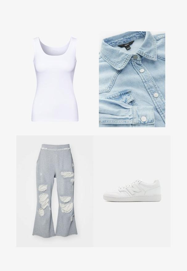 Weißes Tanktop mit rundem Halsausschnitt und breiten Trägern. Hergestellt aus glattem, dehnbarem Material, das eine figurbetonte Silhouette bietet.; Helleblaues Jeansjacke mit einem klassischen Kragen, silbernen Knöpfen und einer Brusttasche; verfügt über eine leicht verblasste Textur und Nähdetails.; Graue Jogginghose mit weitem Bein-Design, die mehrere abgenutzte Patches aufweist, die helleres Material freilegen. Elastischer Bund für mehr Komfort.; Weiße Sneaker aus glattem Leder, mit perforierter Zehenpartie, einer strukturierten Gummisohle, flachen Schnürsenkeln und einem auffälligen 'N'-Logo an der Seite.