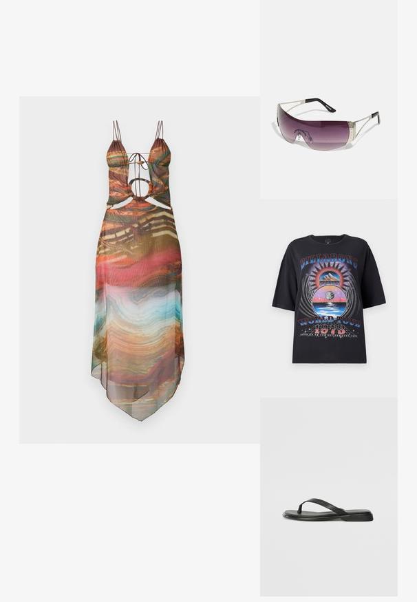 Black oversized t-shirt featuring a colorful graphic design with mountains, sun, and water elements. Text includes "Billabong World Tour 1973."; Multicolor sheer dress with adjustable spaghetti straps, cut-out details, and a flowing hem. Abstract pattern includes warm tones and turquoise accents.; Black flip-flop made of smooth leather, featuring a thin strap design and a flat sole with a minimal profile. No notable patterns or accents.; Sunglasses with a large, curved purple lens, silver metal accents, and black temples featuring a logo. Textured details on the frame are visible.; Olive green faux leather handbag with silver star accent, dual handles, and a zip closure. Textured surface and structured shape.