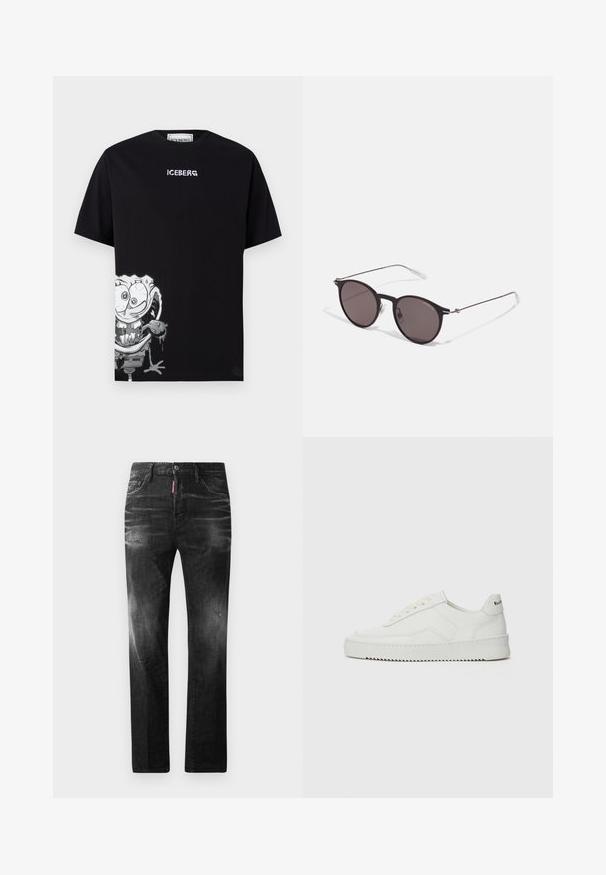 Mustmust tolsärk, millel on madalamal vasakul küljel koomiksitegelase graafika ja rinnal valged tähed sõnaga "ICEBERG".; Mustad denim püksid otse lõikega. Omavad kulunud piirkondi, väikseid kahjustusi, klassikalist viit taskut ning nööpkinnitust.; Valge nahast tennis, millel on sile põhi, ümar varvas, lamedad nöörid ja tekstuuriline tall. Sisaldab diskreetset logo kontsaribal.; Mustad mustad prillid tumedate läätsedega ja õhukeste metallist käepidemetega. Kaarja kujuga seljaosa ja hõbedased aktsendid hingel. Minimalistlik disain.
