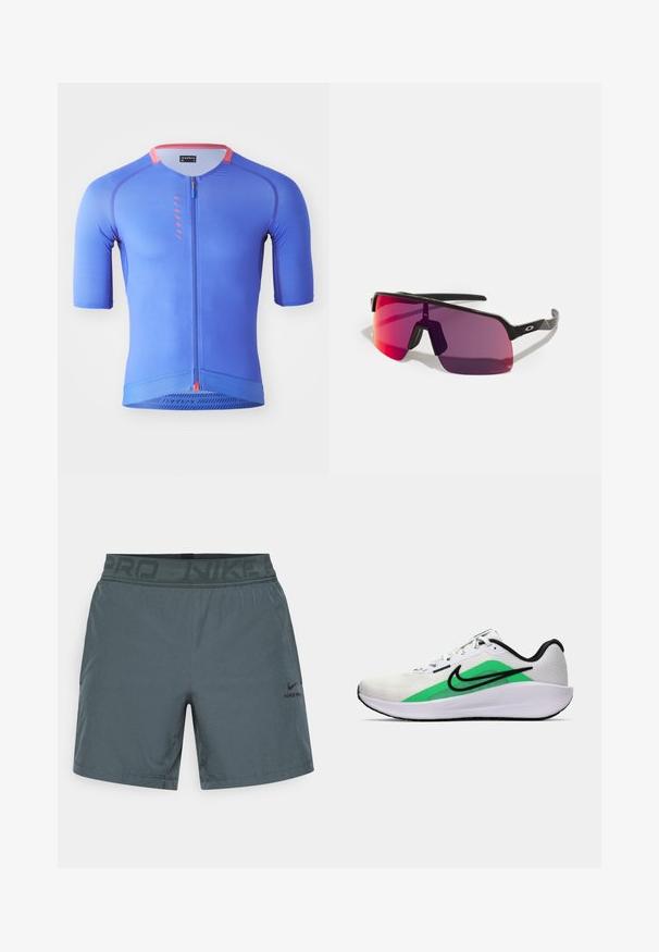 Blå kortermet sykkeltrøye med glidelås foran, teksturert stoff og kontrasterende rosa detaljer på kragen og glidelåsen.; Grå treningsshorts laget av lett materiale, med elastisk midje og "NIKE PRO" trykt samt en liten logo på siden.; Hvit atletisk sko med grønt aksent, svart logo, mesh-overdel, polstret såle og rund hæl. Har snøring og kontrastdetaljer.; Sorte sports solbriller med rosa til lilla gradientlinser og et strømlinjeformet geometrisk design. Har justerbar nesebro og logoakkent på armen.