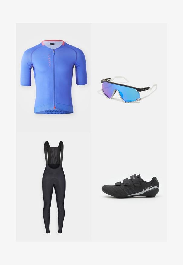 Maillot de cyclisme bleu à manches courtes avec une fermeture éclair à l'avant, tissu texturé et accents roses contrastants sur le col et la fermeture éclair.; Cuissards de cyclisme noirs avec bretelles, dotés d'un panneau arrière en mesh et d'une zone rembourrée pour le confort pendant les trajets.; Giro STYLUS - Chaussures de cyclisme - black; Lunettes de sport avec une monture noire, des accents blancs et des verres miroitants dégradés bleus. Branches texturées avec un motif blanc et noir.