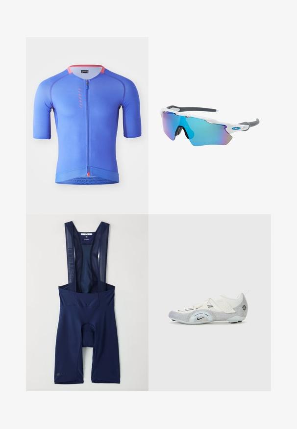 Niebieska koszulka rowerowa z krótkim rękawem, z zamkiem błyskawicznym z przodu, o fakturowanej tkaninie i kontrastowymi różowymi akcentami na kołnierzyku i zamku.; Granatowe szorty kolarskie z siateczkowymi szelkami, wyściełanym siedzeniem i dopasowanymi zakończeniami nogawek. Zawierają subtelną markę na lewej nodze. Gładki, elastyczny materiał.; Białe i srebrne buty rowerowe z siateczkową cholewką, teksturowanymi akcentami, regulowanymi paskami oraz gumową podeszwą zapewniającą przyczepność i stabilność.; Okulary przeciwsłoneczne z białą oprawą, szarymi akcentami i niebieskimi lustrzanymi soczewkami. Sportowy design, kształt otaczający, z regulowanymi noskami.