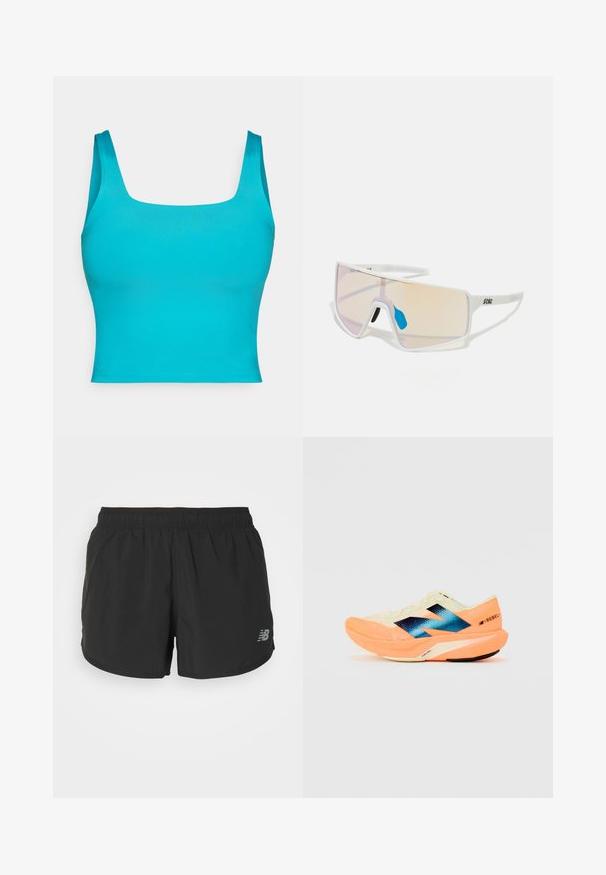 Žydru mėlyna prigludusi crop viršus su plačiu kvadrato formos iškirpimu, glotnia tekstūra ir be matomų raštų ar detalizuotų elementų. Trumpi, platūs dirželiai.; Juodi sportiniai šortai su elastinga juosmena, pagaminti iš lengvos medžiagos. Kairiajame apatinėje pusėje yra mažas pilkas logotipas.; Bėgimo bateliai su lengvu kreminiu viršumi, mėlynu ženklinimu ir oranžiniais akcentais ant pado. Tinklelis, užtikrinantis kvėpavimą.; Baltos rėmeliais akiniai nuo saulės su dideliais gradientiniais lęšiais, turinčiais rožinį ir šviesiai oranžinį atspalvį, pabrėžti mėlynos spalvos nosies dalimi ir logotipo detale.