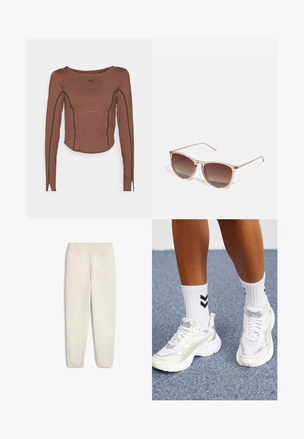 Rudas ilgomis rankovėmis palaidinė, pagaminta iš lygaus audinio, su juodais akcentiniais siūlėmis, apvaliu iškirpimu ir prigludusia forma.; Šviesiai smėlio spalvos sportinės kelnės, pagamintos iš minkštos medžiagos, su elastingu juosmeniu, prisijaukintomis kulkšnimis ir mažu baltu logotipu šone.; Baltos sportbačiai su sidabro akcentais, tinklelio medžiaga ir masyvūs dizainai. Suderinti su baltais kojiniais, turinčiais juodus zigzago raštus.; Rudi gradientiniai saulės akiniai su permatomu rožiniu rėmeliu, kvadratinės formos ir plonomis metalinėmis šakėmis. Yra su apvalintais kraštais ir minimaliais dekoratyviniais elementais.