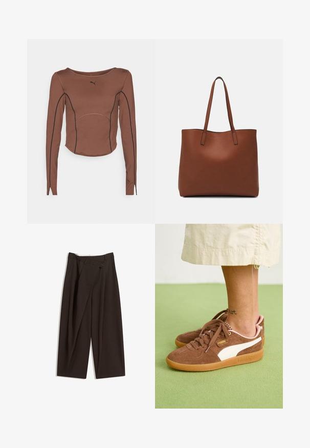 Hnědý dlouhý rukáv top vyrobený z hladké látky, s černým akcentním prošíváním, kulatým výstřihem a přiléhavým střihem.; Tmavě hnědé široké kalhoty s vysokým pasem, vybavené jedním tlačítkem na zapínání a plisovaným předním dílem. Vyrobené z lehkého materiálu.; Hnědé semišové tenisky s bílými akcenty, gumovou podrážkou a růžovou patou. Viditelné šněrování a detaily značky. Částečně viditelné tetování na kotníku.; Hnědá kožená taška přes rameno s hladkou texturou, otevřeným designem a dvěma ramenními popruhy. Obsahuje minimální švy a žádné viditelné kovové prvky.