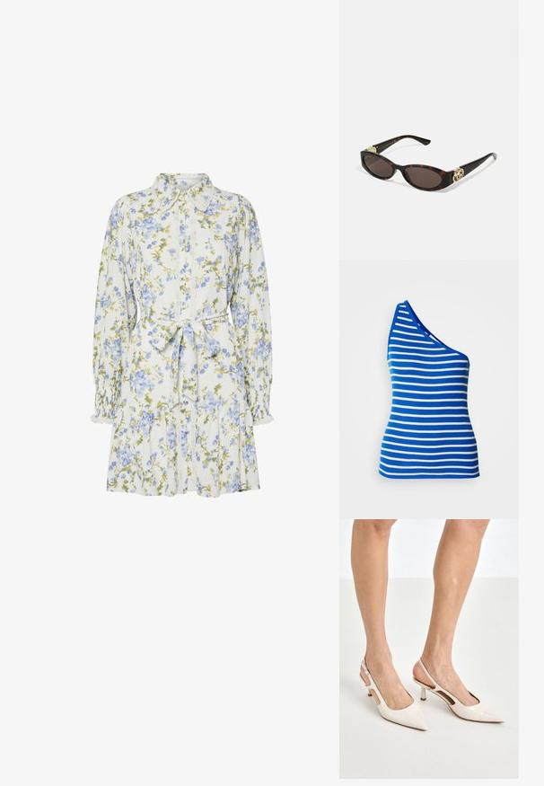 Top sans manches à une épaule en bleu et blanc à rayures horizontales. Fabriqué en tissu côtelé, il a une forme ajustée et un col contrasté.; Robe florale blanche avec des fleurs bleues et vertes, dotée d'un col, d'une fermeture à boutons sur le devant, de manches longues avec des poignets élastiques et d'une ceinture à la taille.; Escarpins à talon slingback en cuir verni beige avec un bout pointu et un talon de 5 cm, présentant des côtés découpés et une fine bride à la cheville.; Lunettes de soleil en écaille, avec des verres ovales allongés, teinte marron, accents de logo doré sur les branches et montures noires élégantes.; Sac à main en beige à motif, avec une forme incurvée, des accents en cuir et un logo en ton doré sur le devant. Il dispose d'une poignée courte pour un transport facile.; Collier en perles et cristaux avec un design rond et perlé dans des teintes douces, comportant des perles alternées et des accents scintillants, porté autour du cou.