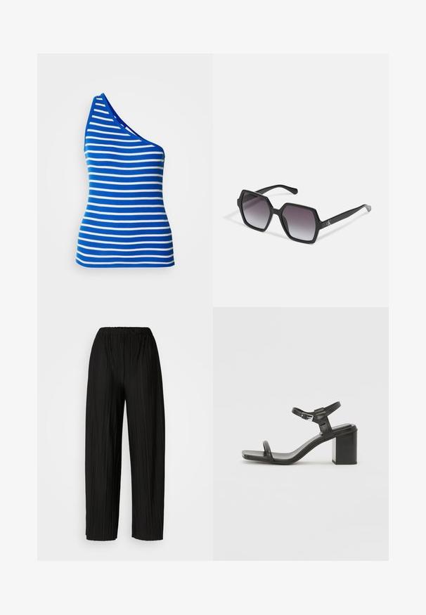 Top sans manches à une épaule en bleu et blanc à rayures horizontales. Fabriqué en tissu côtelé, il a une forme ajustée et un col contrasté.; Pantalons larges plissés noirs avec une taille élastique. Le tissu présente des plis verticaux et une texture lisse.; Sandale en cuir noir à talon bloc avec une large lanière sur les orteils et une lanière de cheville réglable, présentant un design épuré et minimaliste.; Lunettes de soleil hexagonales noires avec des verres dégradés, dotées d'une finition brillante et d'un marquage subtil sur la branche. Construction en plastique durable.
