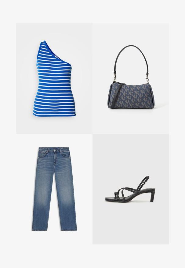 Top sans manches à une épaule en bleu et blanc à rayures horizontales. Fabriqué en tissu côtelé, il a une forme ajustée et un col contrasté.; Jean en denim bleu clair avec une coupe droite, cinq poches et un léger délavage. Comprend une taille standard et des coutures contrastées.; Sandale noire à lanières avec un bout carré et un petit talon bloc. Elle présente plusieurs fines lanières et une sangle de cheville ajustable. Fabriquée en cuir lisse.; Sac à main en tissu à motif bleu, présentant une forme courbée, une sangle en cuir noir et un design de logo dans une teinte plus claire.