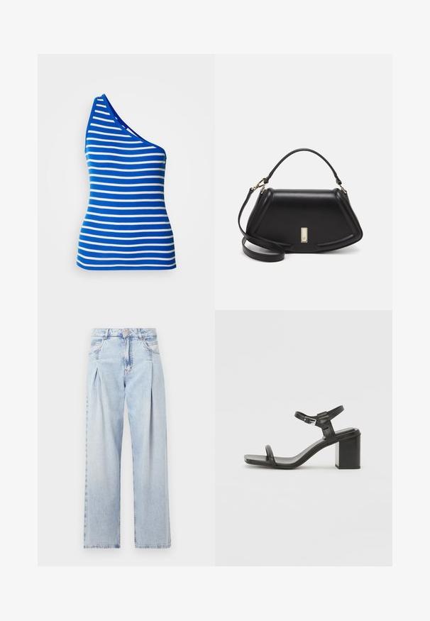 Ärmelloses Top mit einem Schulterträger in blau-weiß gestreift. Gefertigt aus geripptem Stoff mit taillierter Passform und einem kontrastierenden Ausschnitt.; Helle blaue Denim-Jeans mit hoher Taille, weitem Beinschnitt, zwei seitlichen Taschen und gefaltetem Design. Weiche Textur mit einem ausgebleichten Finish.; Schwarze Leder-Sandale mit Blockabsatz und einem breiten Riemen über dem Zeh sowie einem verstellbaren Knöchelriemen, die ein schlankes, minimalistisches Design aufweist.; Schwarze Lederhandtasche mit einem strukturierten Design, das eine verkürzte Form, einen oberen Griff und goldfarbene Hardware-Details aufweist. Verstellbarer Schulterriemen ist enthalten.