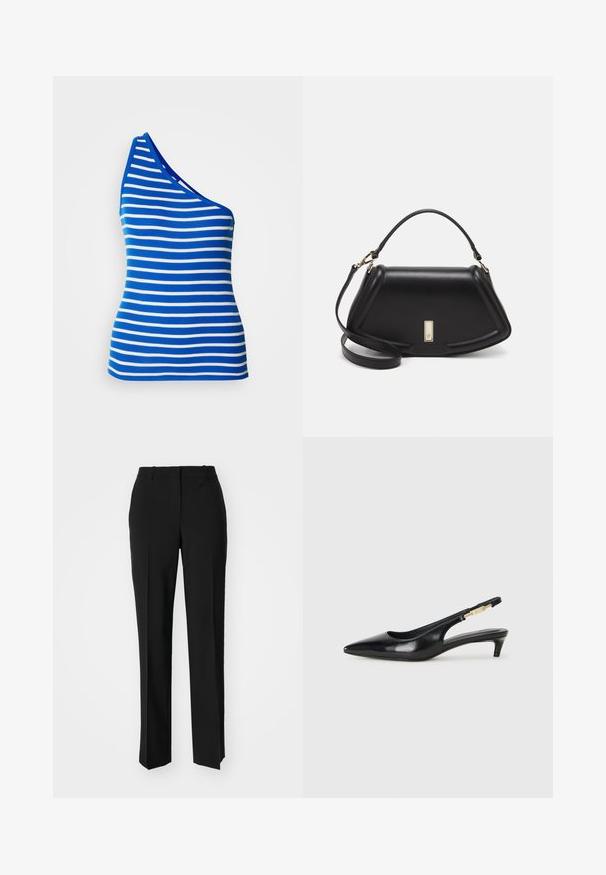 Bezručkový top na jedno plece v modro-bielych horizontálnych prúžkoch. Vyrobený z rebrovanej látky s priliehavým strihom a kontrastným výstrihom.; Čierne krajčírské nohavice so strihom rovného nohu, s hladkou textúrou a ostrými skladmi pozdĺž prednej časti. Žiadne viditeľné hardvér.; Čierne kožené slingback opätky s špicatou špičkou, s úzkym opätkom a zlatým detailom na nastaviteľnom remienku. Hladká textúra.; Čierna kožená kabelka so štruktúrovaným dizajnom, s krátkym tvarom, hornou rúčkou a zlatými prvkami. Súčasťou je nastaviteľný ramenný popruh.