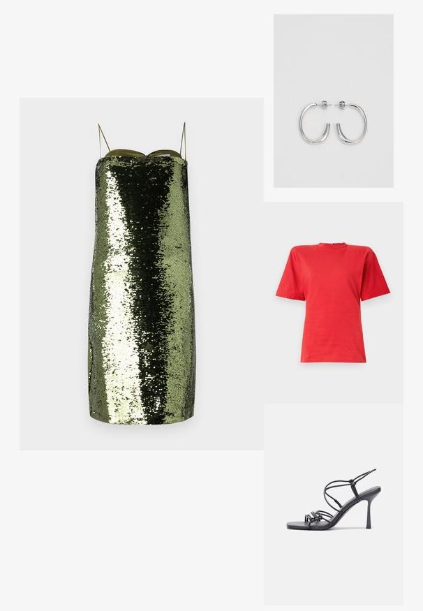 Kortærmet rød T-shirt lavet af glat stof, med rund hals og afslappet pasform. Simpelt design uden mønstre eller accenter.; Grøn palietkjole med lige snit, tynde justerbare stropper, der har en reflekterende tekstur og en slank silhuet.; Sorte højhælede sandaler med tynde stropper og en knyttet design, en glat firkantet tå og en slank stiletto hæl.; Lys grå metallisk håndtaske med kædestrop, dekoreret med små runde metalliske studs og et trekantet brandlogo.; Sølv øreringe i cirkel med en glat, skinnende overflade, der har en buet form og lukning med stift bagpå. Minimalistisk design med et moderne udseende.