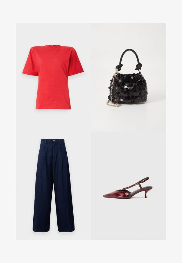 Kortärmad röd t-shirt i mjukt tyg med rund halsringning och avslappnad passform. Enkelt design utan mönster eller detaljer.; Mörkblå denimbyxor med vida ben, hög midja, plisserad front och klassisk knappstängning, med sidofickor och kontrasterande sömmar.; Glansig bourgogne läder slingback-sko med spetsig tå och kitten heel, T-rem och silverfärgad spänne på vit bakgrund.; Svart paljett mini-handväska med en knuten texturerad rem och silverkedja. Rund form med samlad topp och reflekterande detaljer.