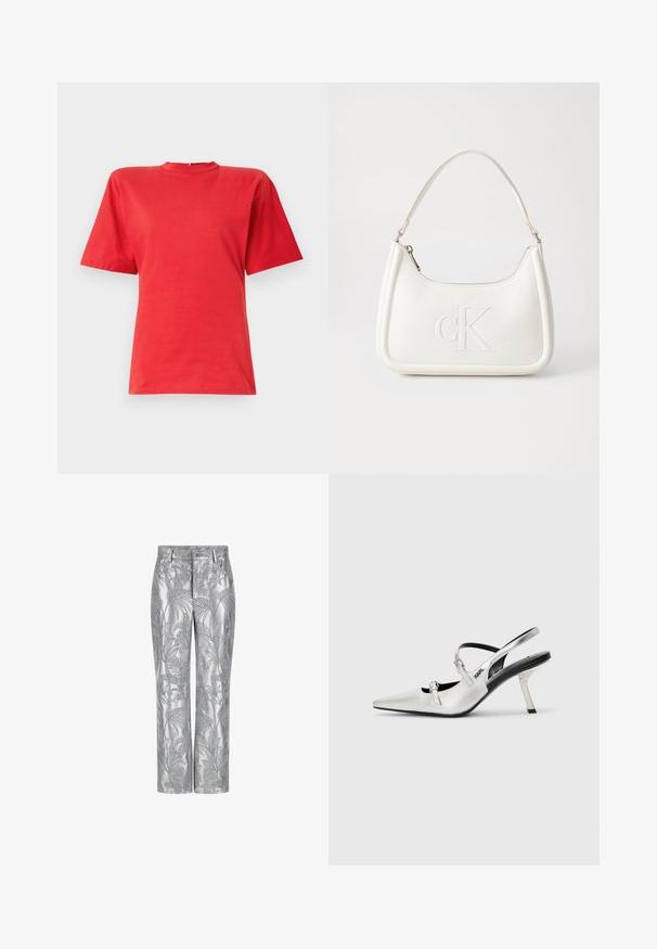 Červené tričko s krátkým rukávem vyrobené z hladké tkaniny, s kulatým výstřihem a volným střihem. Jednoduchý design bez vzorů nebo akcentů.; Stříbrem vyšívané kalhoty s motivem listů, rovného střihu a hladkým, lesklým povrchem. Funkční kapsy a zapínání na knoflík.; Stříbrné slingback podpatky s špičatou špičkou, které mají hladký metalický povrch, štíhlý podpatek a dekorativní detaily na pásku.; Bílá kožená kabelka s křivkovým tvarem, na přední straně s vyraženým logem "CK" a jediným ramenním popruhem. Zipový uzávěr na vrchu.