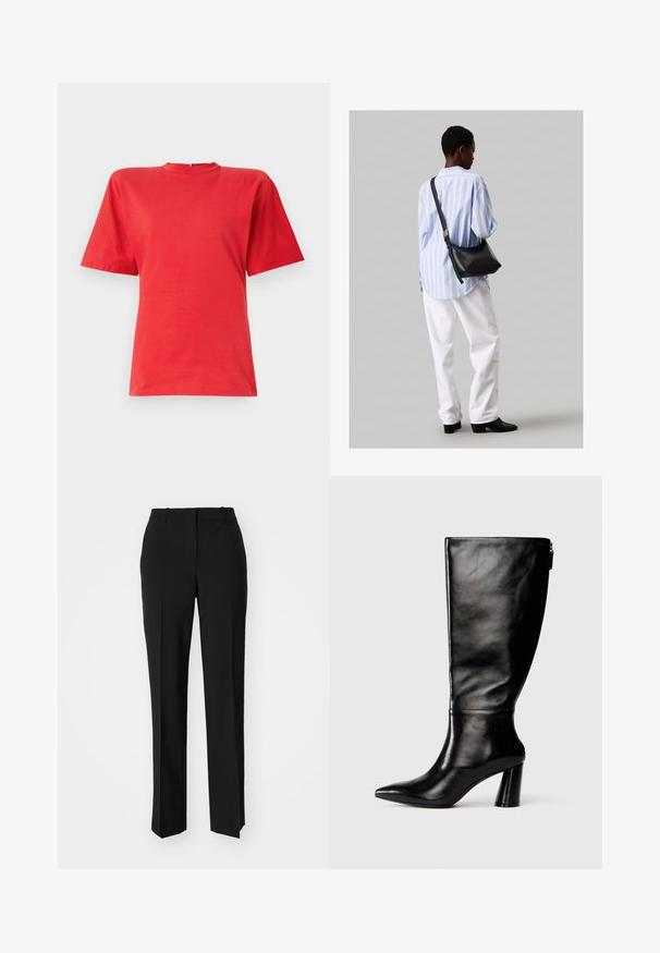 Krátky rukáv červeného trička vyrobeného z hladkej látky, s okrúhlym výstrihom a voľným strihom. Jednoduchý dizajn bez vzorov alebo akcentov.; Čierne krajčírské nohavice so strihom rovného nohu, s hladkou textúrou a ostrými skladmi pozdĺž prednej časti. Žiadne viditeľné hardvér.; Čierna kožená čižma po kolená s špicatou špičkou, hladkou textúrou a masívnym opätkom. Obsahuje detail zipsu na zadnej strane.; Čierna kožená ramenná taška so mäkkou textúrou, trojuholníkovým tvarom a nastaviteľným popruhom, skombinovaná s svetlomodrou pruhovanou košeľou a bielymi nohavicami.