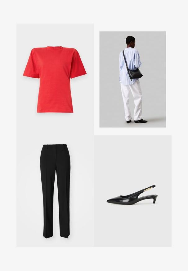 Rövid ujjas, sima anyagból készült piros póló, kerek nyakkivágással és laza szabással. Egyszerű dizájn, minták vagy díszítések nélkül.; Fekete, testhezálló nadrág egyenes szárú kivitelben, sima textúrával és éles redőkkel az elején. Nincs látható fémalkatrész.; Fekete bőr slingback magassarkúk, hegyes orral, vékony sarkakkal és arany színű részlettel a állítható pánton. Simа felület.; Fekete bőr válltáska puha tapintással, háromszög alakú, állítható pánttal, világoskék csíkos inggel és fehér nadrággal párosítva.