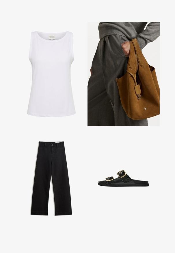 Fehér ujjatlan felső bordás anyagból, kerek nyakkivágással és enyhén laza fazonnal. Címke olvasható: "AZ ALAPRUHÁZATOM", M-es méret.; Fekete, bő szabású farmernadrág magas derékkal, elülső és hátsó zsebekkel, varrott felületekkel és gombos záródással. Sima textúra.; Fekete csúszó szandál, két arany csattal, sima textúrájú anyagból, lapos talppal és minimalista dizájnnal.; Barna velúr táska lekerekített formával, dupla fogantyúval és fém részlettel. Az elején egy kis logó található.